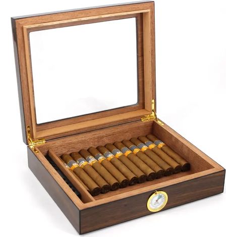 Cave à cigares, boîte à cigares avec couvercle en verre, hygromètre et séparateur, coffret de rangement en cèdre pour 35 cigares - XF29 (1/4)