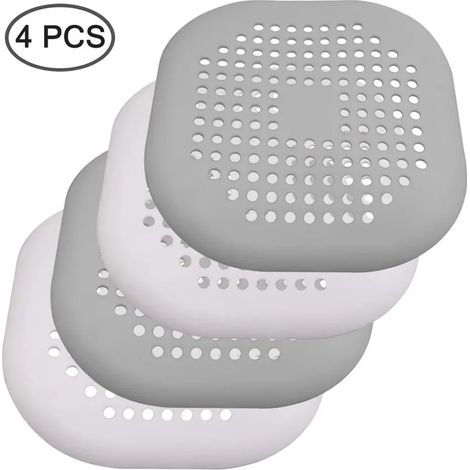 Filtres de vidange en silicone, lot de 4, blanc et gris (2 de chaque), environ 14 x 14 cm, pour carrelage lisse de cuisine ou salle de bain. (1/5)