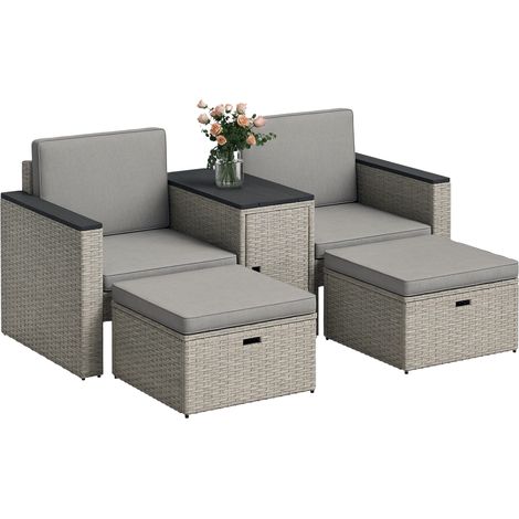 5 Piece Rattan Garden Furniture Set with Storage Table, Footstools, Cushions, Grey