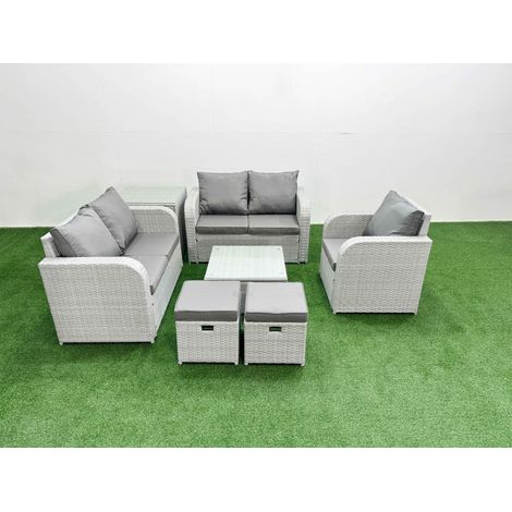 Fimous High Back Poly Rattan Garden Furniture Set with Reclining Chair Loveseat Sofa Square Coffee Table Indoor Outdoor Patio Set 2 Stool Side Table Light Grey (1/4)