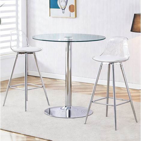Set bar con tavolo rotondo in vetro 89 cm e 2 sgabelli, struttura in metallo argento (1/5)
