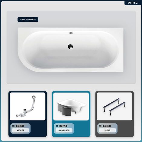 Baignoire asymétrique - 180 x 80 cm - Droite - avec Habillage - Pieds - Vidage Chrome - AVITA (1/5)