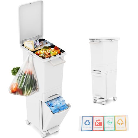 GOPLUS 3 en 1 Poubelle Cuisine sur Roulettes, Poubelle de Tri 32 L avec Couvercle et Tiroir de Rangement Pédale en Plastique pour Cuisine, Salle de Bain,36 x 25 x 84 cm,16+11+3 L (Blanc) (1/5)