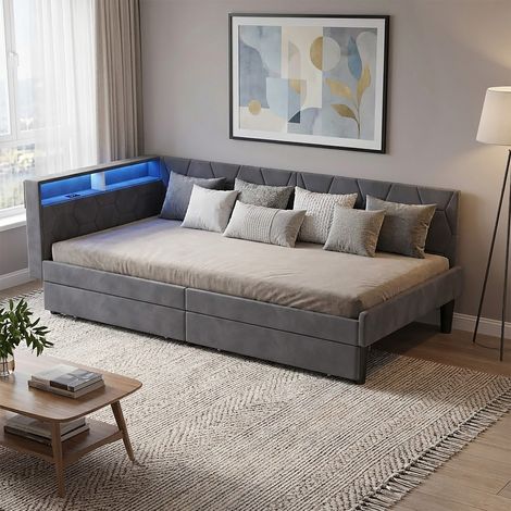 Méridienne,méridienne 90x200cm avec tiroirs, canapé-lit avec LED et USB,sommier à lattes,lit simple,design lumière ambiante,lit avec deux tiroirs,tête de lit avec espace de rangement,velours,Gris (1/5)