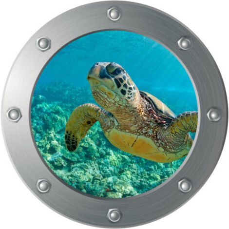 Sticker-Wandbild 3D-U-Boot-Bullauge - Schildkröte (Durchmesser: 29cm), Wanddekoration, Kinderzimmer, Babyzimmer, Badezimmer