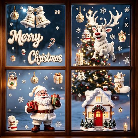 Autocollants de Noël populaires en platine pour fenêtres, autocollants en verre Père Noël, sapin de Noël, bonhomme de neige, autocollants statiques de maison de Noël