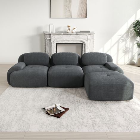 Ecksofa modular aus Cord in Grau, rahmenlos, montagefrei, mit ergonomischen Armlehnen