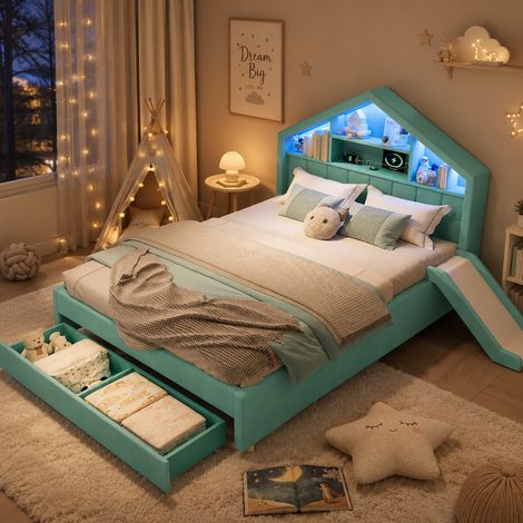 Lit enfant 140x200 en velours avec toboggan,LED,chargeur, rangement tête de lit, grand coffre,cadre de lit cabane,bleu-vert (1/5)