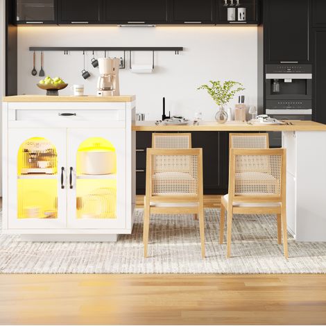 Isla de cocina extensible con LED RGB, 2 cajones, estantes regulables y puertas de vidrio (1/5)