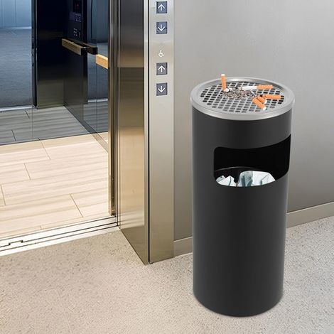 Poubelle avec couvercle - Cendrier d'extérieur - 15 l - En métal - Résistant aux intempéries - Noir - Pour jardin, terrasse, bureau, hôtel, balcon, entrée, extérieur (1/5)