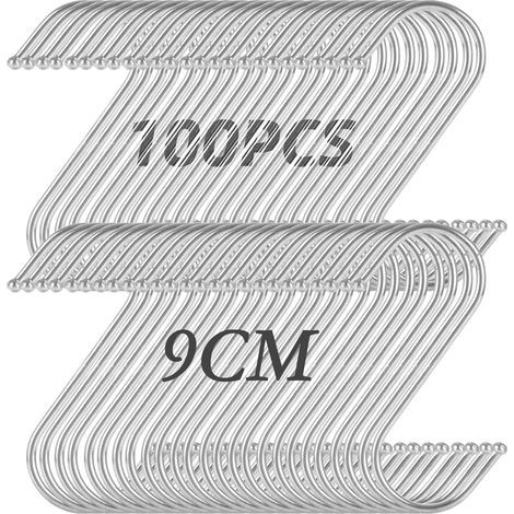 Crochets métalliques en S, 9 cm, lot de 100 pièces Crochets en S en acier inoxydable Crochets en forme de S pour suspendre des casseroles et des vêtements Convient pour une utilisation dans la cuisine (1/4)