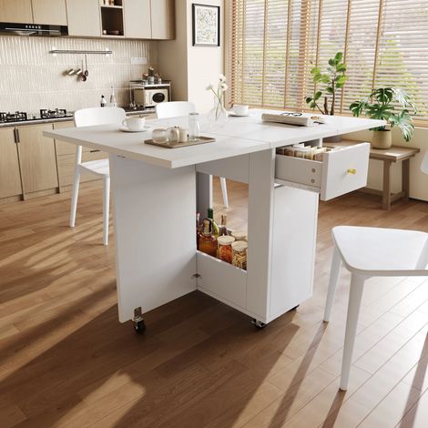 Klappbarer Esstisch (120 x 75 x 75 cm), mobile Küchenarbeitsfläche, für 2-4 Personen, mit offenem Stauraum, 2 Schubladen, bremsbaren Rollen, ideal für Küche, Wohnzimmer, Esszimmer, Weiß