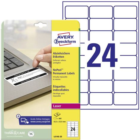 Etiquette de sécurité Avery-Zweckform L6146-20 63.5 x 33.9 mm film de polyester blanc 480 pc(s) fixation permanente (1/4)