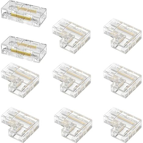 10 PCS Connecteur Led, 8mm 2 Pin Led COB Bande Connecteur 8 Pièces D'Angle en L 2Pcs Droits Centraux Connector Transparent Gapless Kit Sans Soudure Installation Sécurisée Intérieur Pour Ruban RGB 12V (1/5)