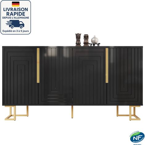 Buffet en contemporain - 4 portes - 152 x 40 x 75 cm - Présente un design géométrique unique avec des poignées et des pieds dorés - MDF - Bois Certifié PEFC - Noir (1/5)