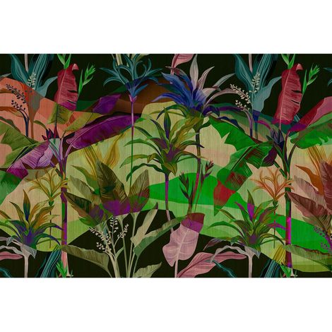 Papier peint panoramique design pour salon Tapisserie panoramique jungle tendance Papier peint panoramique feuillage multicolore (1/2)