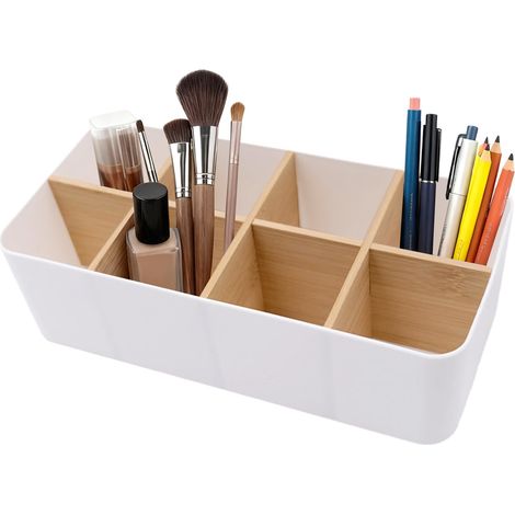 Organisateur de Bureau en Bambou Blanc, Boîte Rangement Bois Bureau Porte-Stylo pour Télécommande Smartphones Cosmétiques Crayons Petits Objets 27cm12.8cm7.7cm (1/5)