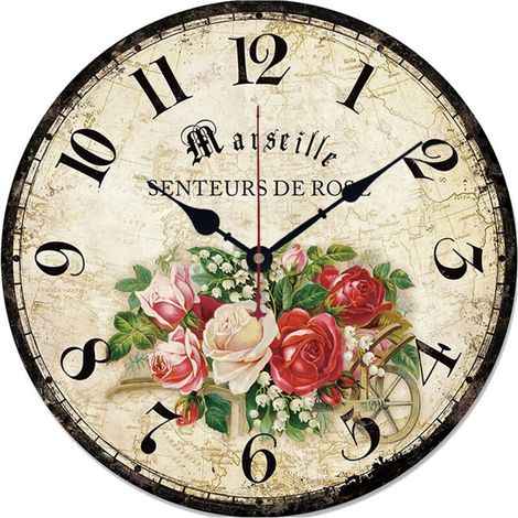Horloge Murale Vintage en Bois ou Style Carton avec Chiffres Romains - Silencieuse, Sans Tic-tac - Design Antique pour Cuisine, Bureau ou Salon (1/5)