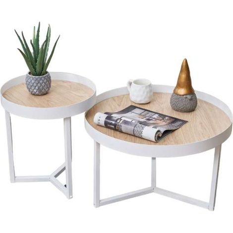 Domo Mea Set di 2 Tavolini Caffè Bianchi e Rovere - 60 e 40 cm (1/5)