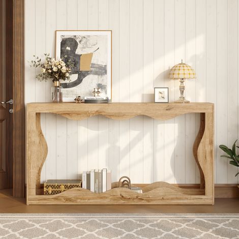 Console 160,5x30x86,5 cm à bord ondulé, 2 niveaux ouverts, table d'entrée étroite, aspect bois, naturel (1/5)