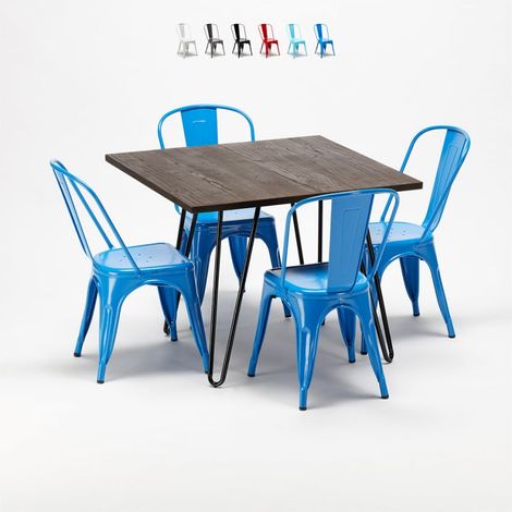 table + 4 chaises métal et bois au style industriel pigalle - Bleu (1/5)