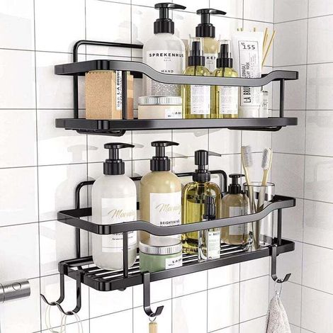 Shower Storage Shelf Set of 2 - Kitchen or Bathroom Basket, No Drilling Required - Black Wall-Mounted Storage Shelf for Shower & Bath with Hooks for Accessories (1/4)