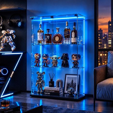 JOOKGBD-Glasvitrine,2 Tür vitrinenschrank 3 Regalen,mit Schloss und LED,Sammlerstücke Glasvitrine,Bücherregal aus Glas,Vertikale Glasvitrine,für Wohnzimmer Schlafzimmer Büro,Lampenkugel-Stil,Schwarz