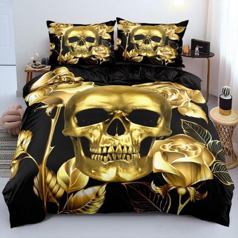 Bettwäsche Set 155x220 cm Totenkopf Gold 3D Motiv Wendebettwäsche Mikrofaser Öko-Tex