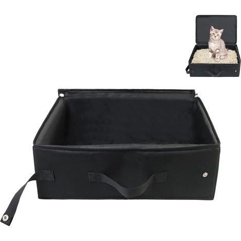 Litière de voyage portable pour chat - Avec couvercle - 40 × 30 × 15 cm - Pliable - Étanche - Avec poignée - Utile - Pour les voyages, l'extérieur, le camping, la maison - Noir (1/5)