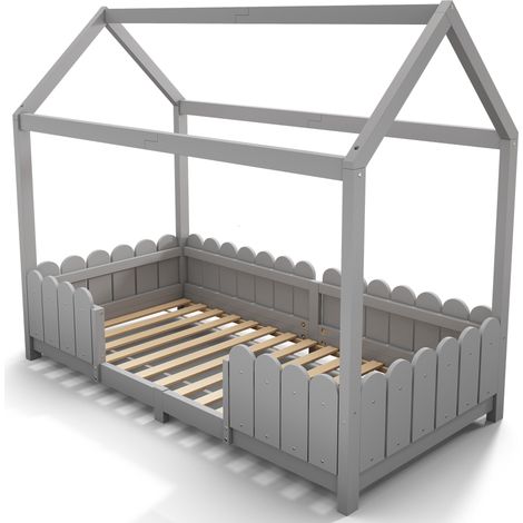 Cama casita infantil 90 x 200 cm gris con barrera de seguridad y somier de láminas (1/5)