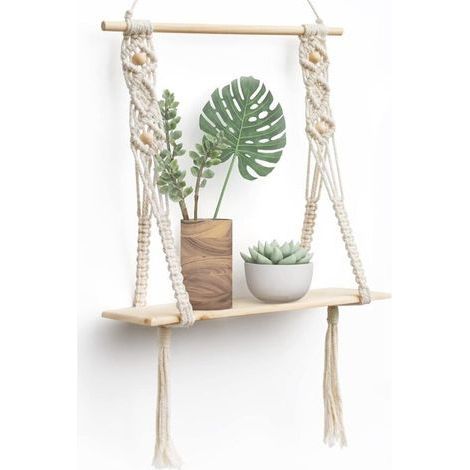 Estante de Pared de Madera Macramé Bohemio Decoración Plantas Simple Borla Hecho a Mano Tejido Dormitorio Salón Aseo Estante Colgante Cuerda-Fei Yu (1/5)