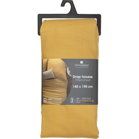 Drap housse 2 Personnes en Coton Ocre 140 x 190 cm - Atmosphera