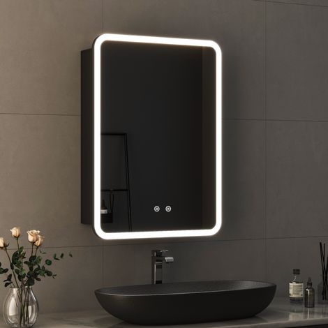 Schwarz Spiegelschrank mit Beleuchtung 50 x 70 cm, Bad-Hängeschränke LED Spiegelschrank Bad mit Beleuchtung Badezimmerschrank Badezimmer Spiegelschrank mit Touch-Schalter, Beschlagfrei (1/5)