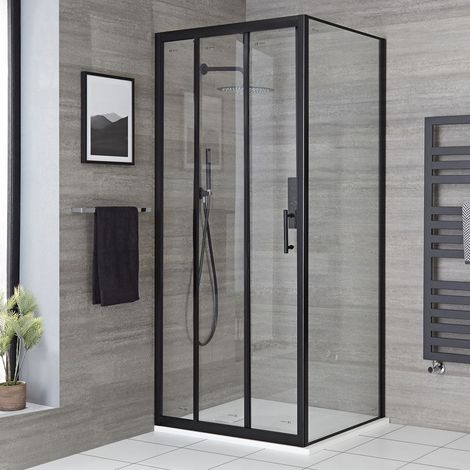 Milano Nero Black Corner Wet Room Walk In Triple Sliding Door Shower Enclosure with White Slate Effect Tray and Fast Flow Waste - 800mm x 800mm (1/5)