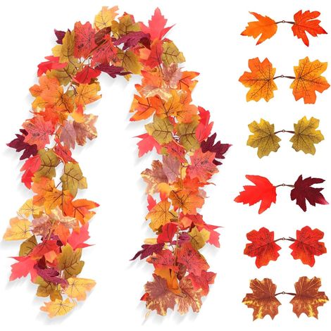 guirnaldas de hojas de arce artificiales con 4 ganchos - Guirnalda colgante de otoño de 1,7 m - Decoración para fiesta de Halloween - Decoración de fiesta para el hogar, la pared, el jardín, (1/5)