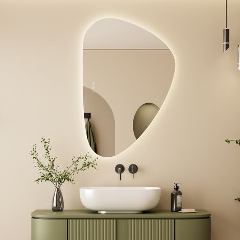 LED Badspiegel Badezimmer 80x60 cm Tropfenform Asymmetrischer Wandspiegel mit Beleuchtung, Rahmenlos, Touchschalter, 3 Lichtfarben Dimmbar, Antibeschlag, IP67, 168 LEDs, Doppellicht (1/5)
