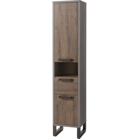 Badezimmersäule mit 2 Türen und 1 Schublade Industriestil grau und Eiche h 190 cm (1/4)