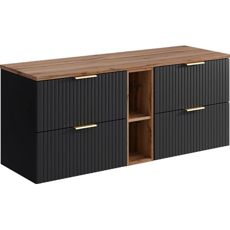 Meuble sous vasque suspendu strié avec niches - Noir et naturel clair - L140 cm - ZEVARA (1/5)