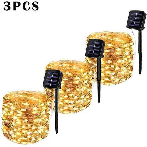 Guirlande lumineuse solaire LED étanche pour jardin extérieur lampe féérique 7 m/12 m/22 m/32 m - 12 m 100 LED lot de 3 blanc chaud (1/5)