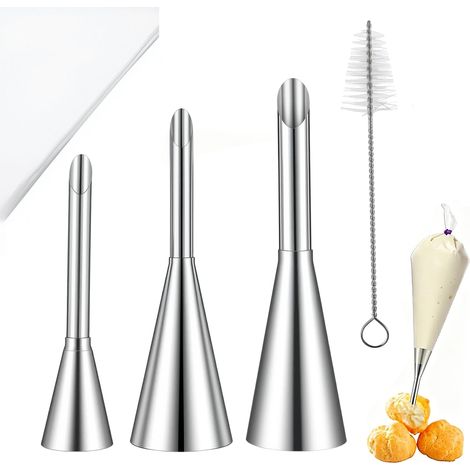 Lot de 3 douilles longues en acier inoxydable avec pinceau de nettoyage et 50 poches à douille pour remplir les beignets, les poufs, la crème et les confitures pour la pâtisserie (1/5)
