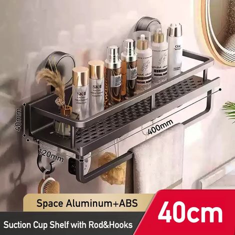 Étagère de salle de bain à ventouses (40 cm avec tige) en aluminium, sans perçage, pour douche, salle de bain ou toilettes. Organisateur mural. (1/5)