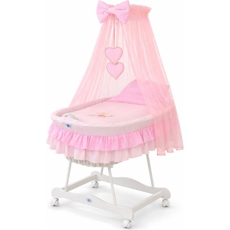 Weidenkorb mit Baldachin, Teddybär mit Schleife – Bettwäsche in Weiß und Rosa (1/5)