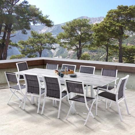 Salon de jardin Ensemble ModuloWood T 6/10 + F 6 + C 4 Verre Déco Bois Blanc Blanc Wilsa Garden (1/5)