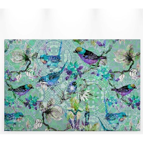 Tableau oiseau turquoise & violet | Tableau animaux effet mosaïque pour chambre adulte | Tableau coloré fleurs & oiseau - 0,9 x 0,6 m (1/5)