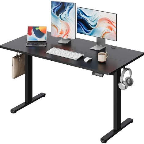 Bureau réglable en hauteur 140 x 70 cm, divisé en deux, avec moteur silencieux et fonction mémoire pour 3 hauteurs, bureau d'ordinateur ergonomique pour le bureau, noir (1/5)
