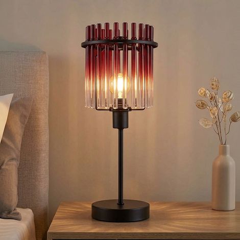 Lampada da tavolo bacchette in vetro rosso chiaro Lampada da comodino in vetro classico lampada da tavolo nero opaco, 1x LED 6W 700Lm bianco caldo, DxH 15x37,5 cm (1/5)