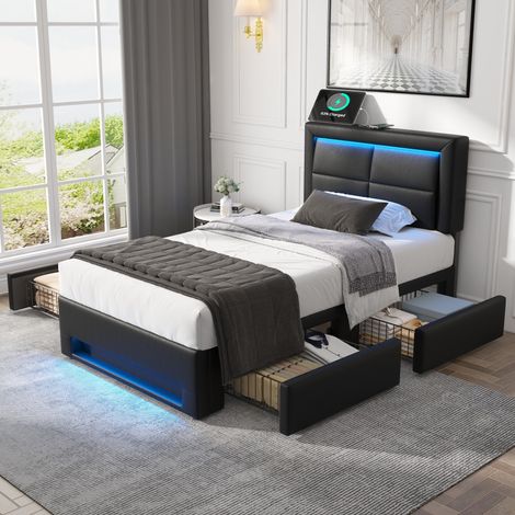 Cama tapizada PU negra 90x200 cm con LED, carga USB e inalámbrica, 4 cajones y somier de láminas