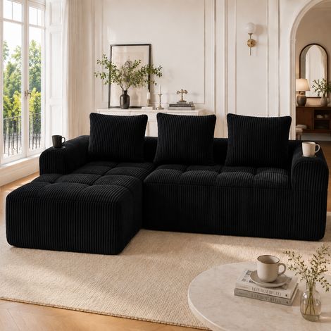 Canapé modulable velours côtelé noir – Confort longue durée, 3 coussins, poche latérale + porte-gobelet. Idéal salon, bureau. (1/4)