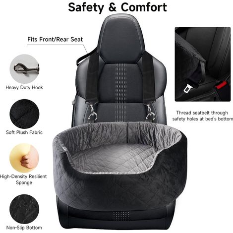 Plush Dog Car Seat for Large Medium Dogs & Cats, Comfortable Pet Car Seat with Safety Leash & Non-Slip Base, Washable Pet Car Seat Bed Sofa, Soft Secure for Puppy Travel (Black+Grey) (1/5)