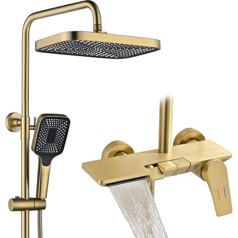 Colonne de Douche, HSS0501 Moderne Touches du Piano Ensemble de Douche, 30x20cm Système de Douche, Robinet de Baignoire, Douchette à Main à 3 Mode, 59A Cuivre, Hauteur Réglable (1/5)